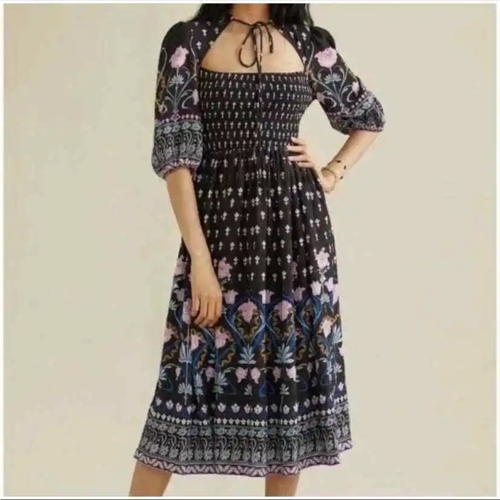Anthropologie Black and Purple Midi Dress